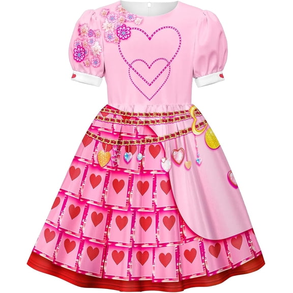 Guvpev Women's Princess Costume, Adult Pink Princess Dress, Halloween Cosplay Heart Pattern Skater Dress, Fancy Dress Up Outfit with Floral & Charm Details for Party Role Play