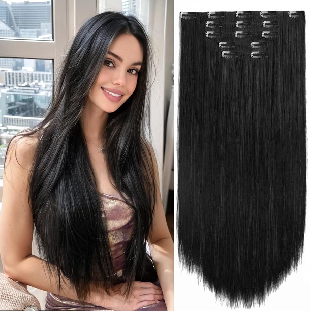 StrRid Clips de extensión de cabello negro natural de 26 pulgadas de largo invisible recto grueso sintético extensiones con clip en 5 piezas de fácil instalación falsos postizos suaves para mujeres bo
