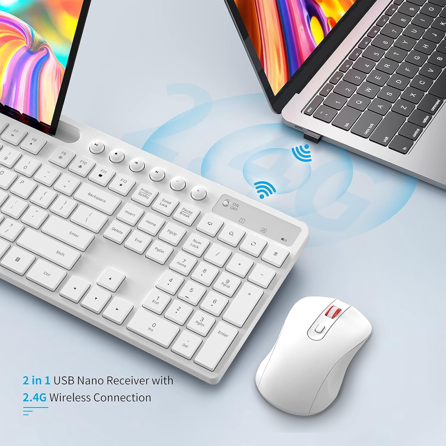 Marvo 2.4G Wireless Keyboard and Mouse Combo, Low Profile, Fluid Precise, Quiet, Tablet Holder,White