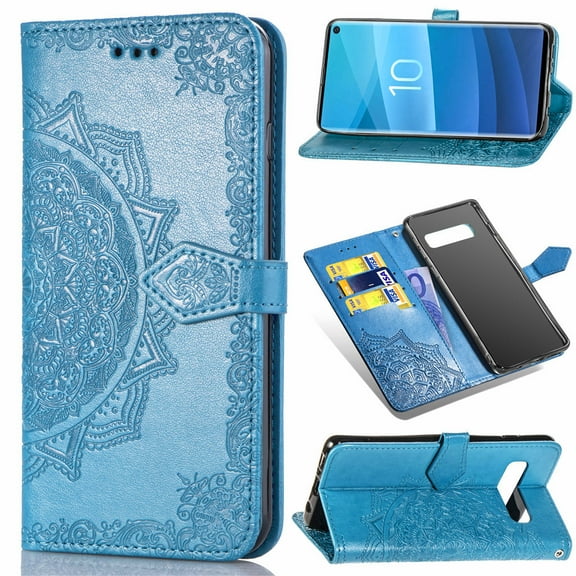 Galaxy S10 Wallet Cases and Covers, Allytech Slim Premium PU Flip Stand Cover Mandala Embossed Full Body Protection with Card Holder Magnetic Closure for Samsung Galaxy S10 Phone, Blue