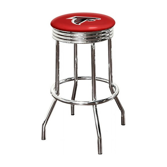 The Furniture King Bar Stool 24" Tall Backless Chrome Metal Stool Featuring Your Favorite Football Team Logo on a Colored Vinyl Swivel Seat Cushion Falcons on Red