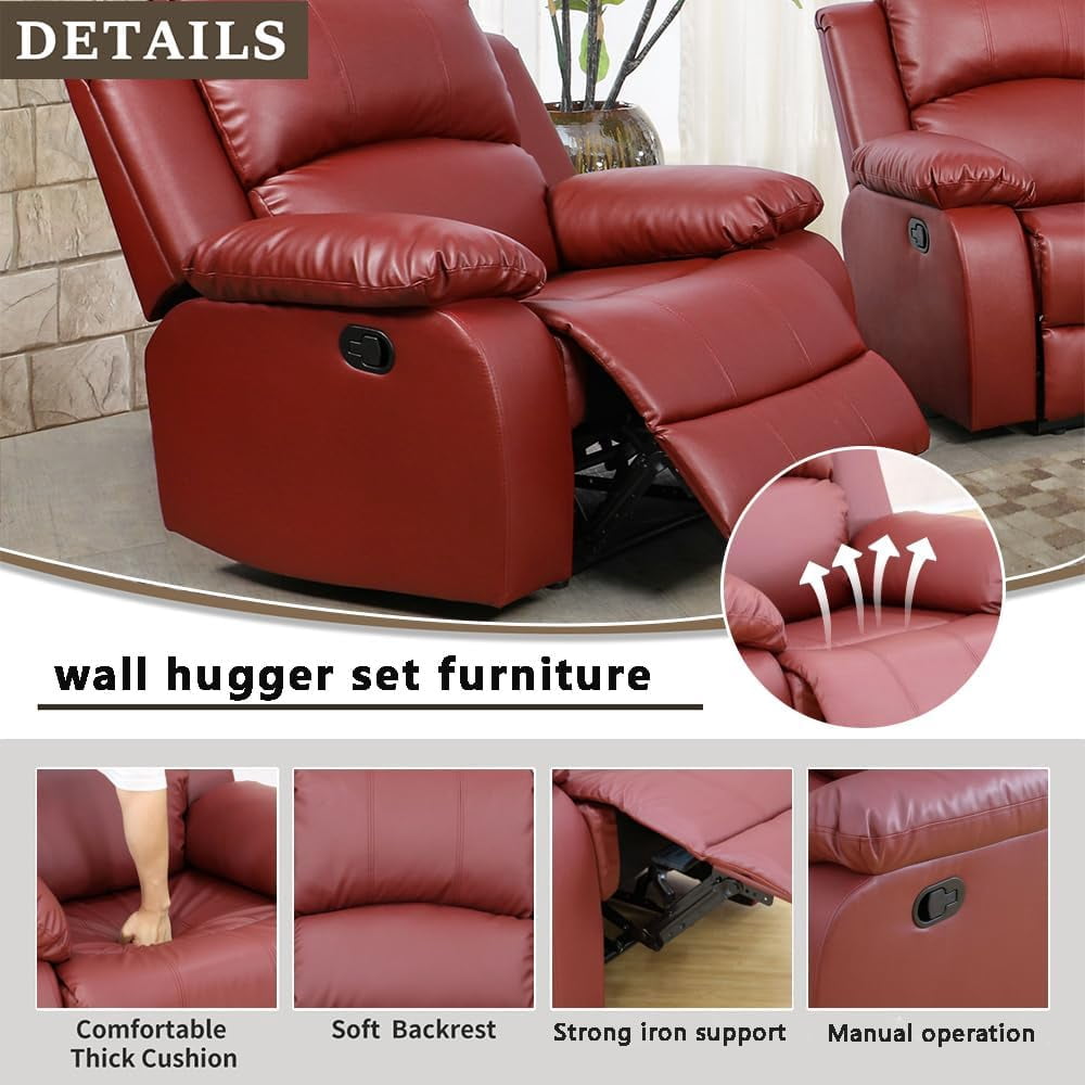 TrumanPick Manual Leather Recliner Chair,Overstuffed reclining Armchair Home Theater Sofa Recliner for Living Room,Red