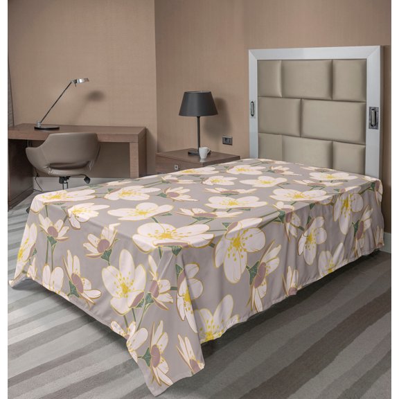 Ambesonne Japanese Boho Flat Bedding Sheet Soft Top Sheet, Springtime Art Sakura, Twin, Pale Purpleblue Blush