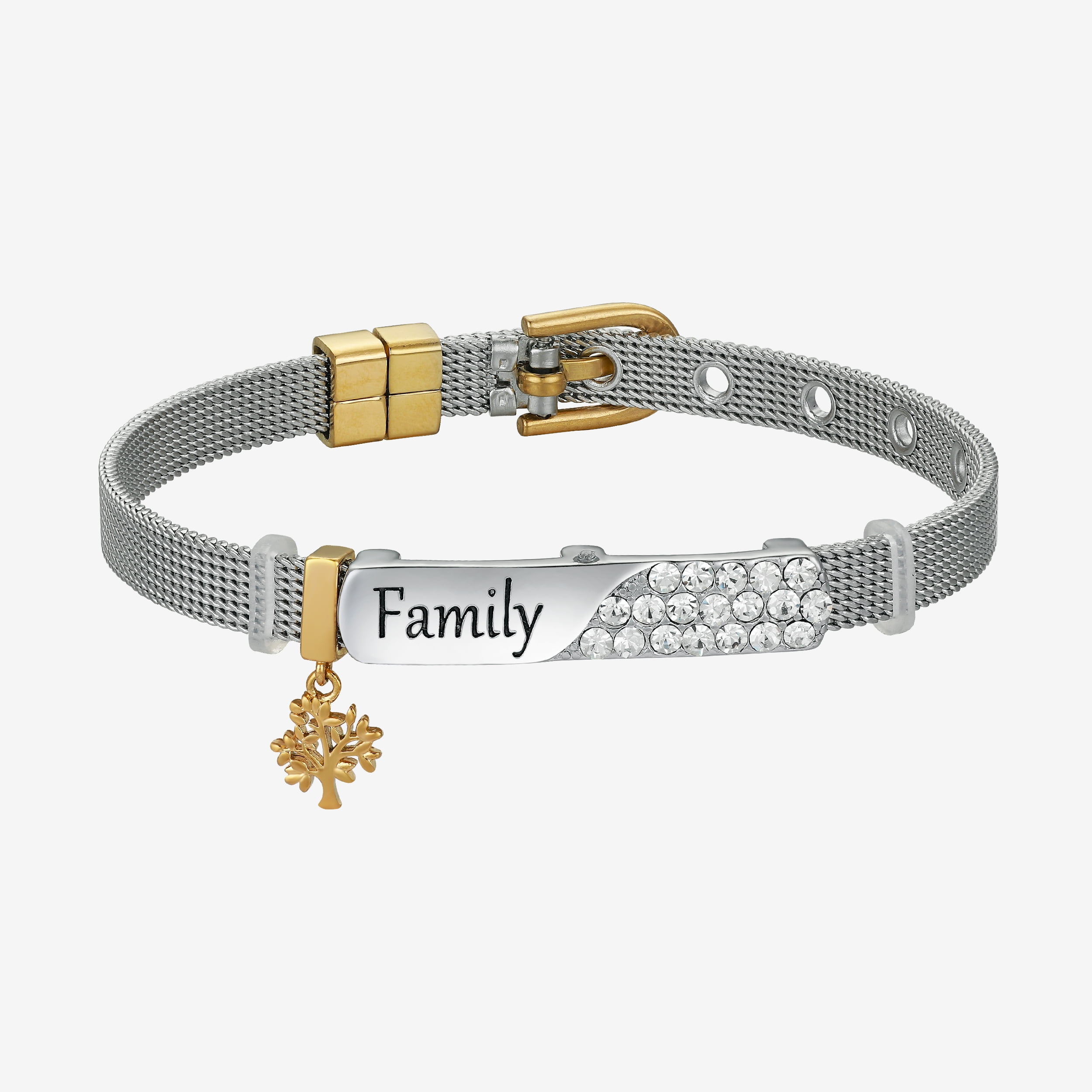 14K Gold Flash-Plated Crystal Tree and 'Family' Stainless Steel Mesh Bracelet