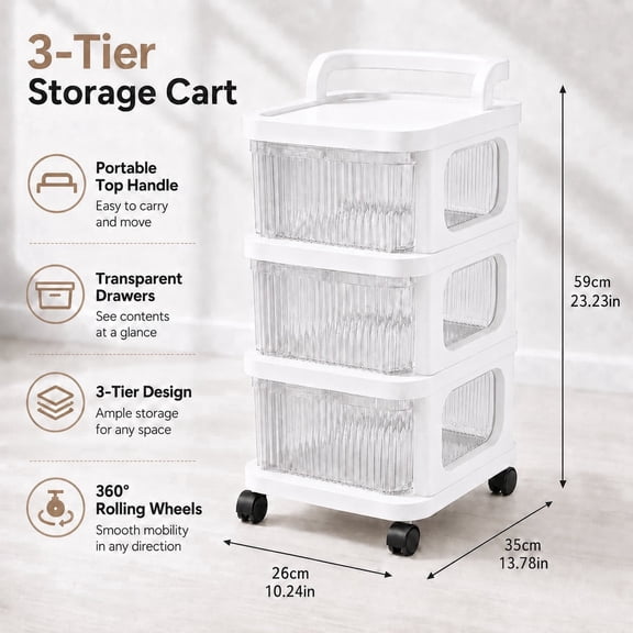 3-Tier Rolling Storage Cart with Clear Drawers, Portable Utility Organizer with Handle and 360° Wheels, Available in White, Green and Red