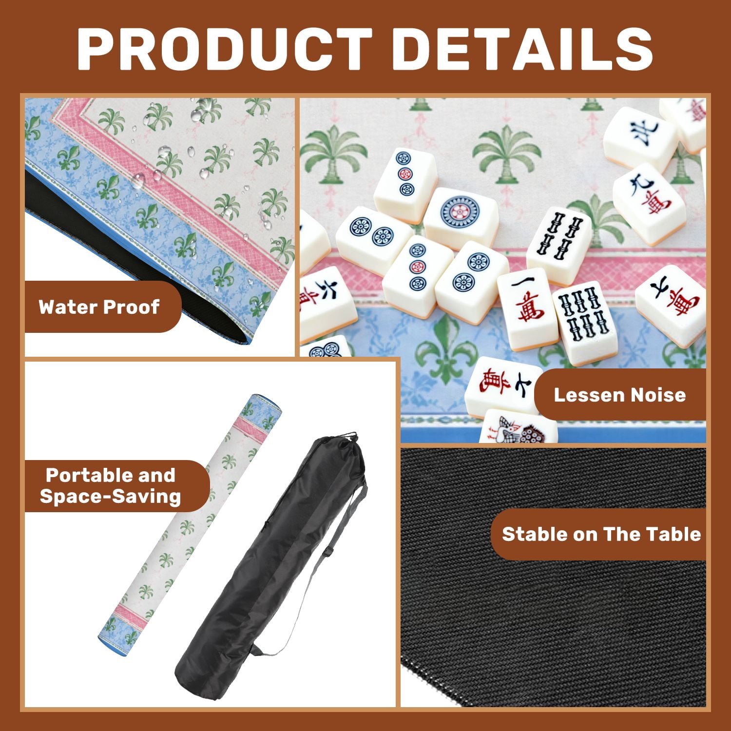 Mahjong Mat 31.5" x 31.5" Tropical Bamboo Palm Leaf Geometric Border Blue Green Non-Slip Noise Reduction Chic Portable Gaming Table Cover for Family Game Night & Gift