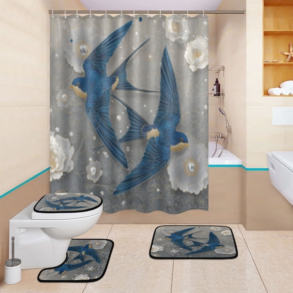 BZSMCE 4PCS Shower Curtain Set Bathroom Decorative Set-Pearl Swallows Pattern