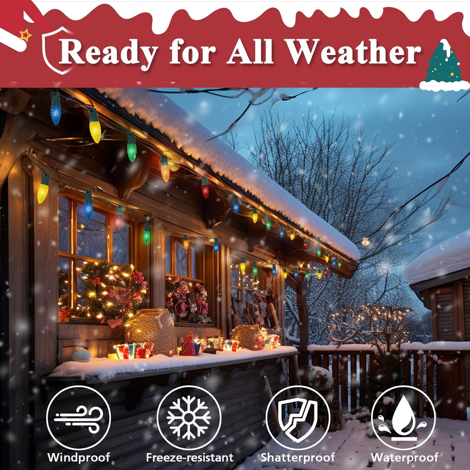 Nordic Hygge 100FT 50 LED Indoor Outdoor Christmas String Light for House Roof Patio Tree, Multicolor