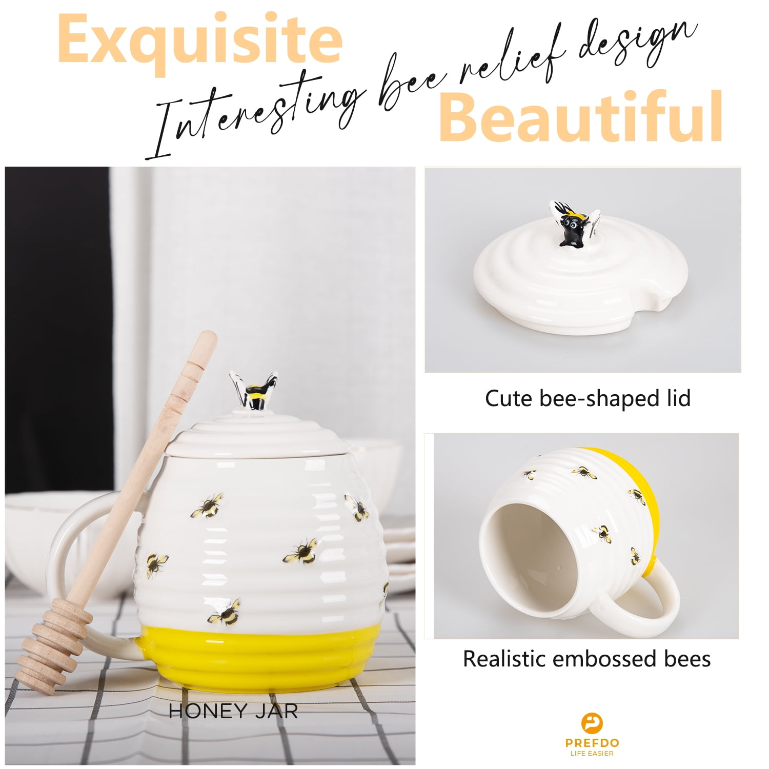 Prefdo Ceramic Honey Pot Jar with Wood Drizzler, British Designed Honey Jar With Honey Dipper, Perfect for Honey and Maple Syrup, 350ml