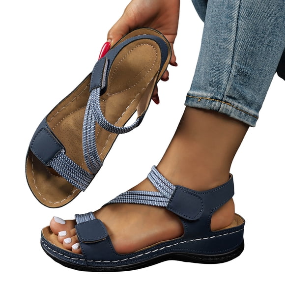 Dakaela Women’s Hiking Sandals Arch Support Orthopedic Wedge Shoes Comfortable Walking Slip on Sandals with Adjustable Hook Loop Blue 8.5