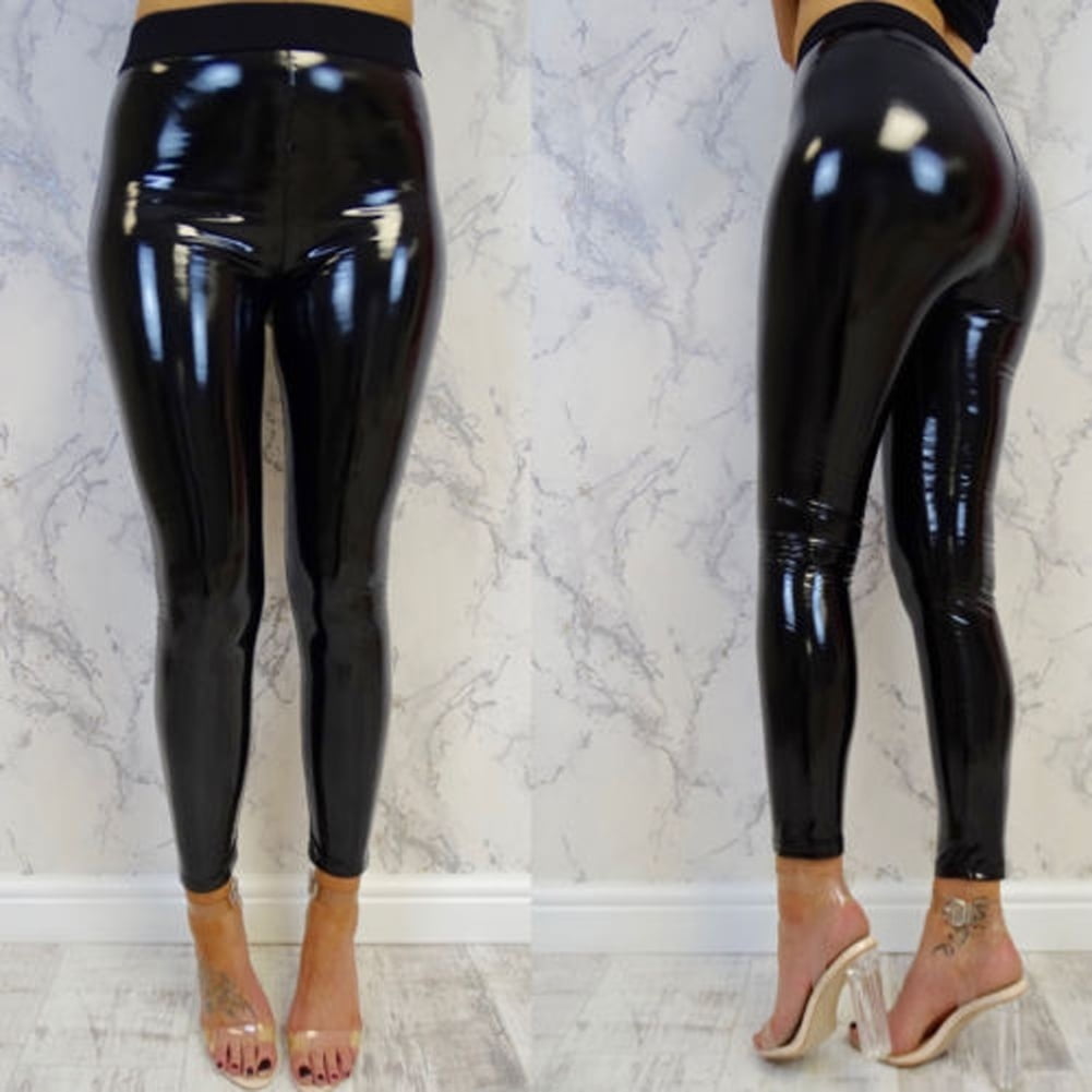 Pudcoco Fashion Women Vinyl Pvc Wet Look Shiny Disco Elasticated High Waist Leggings Pant Black