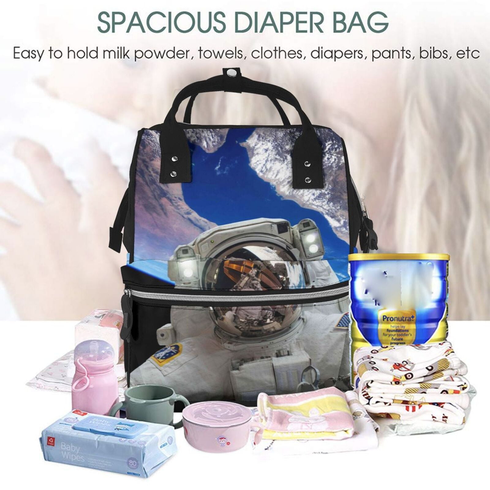 Ratiio Astronaut in Outer Space Mummy Backpack - Waterproof Twill Canvas, Large Capacity Diaper Bag with Multiple Pockets and Adjustable Straps