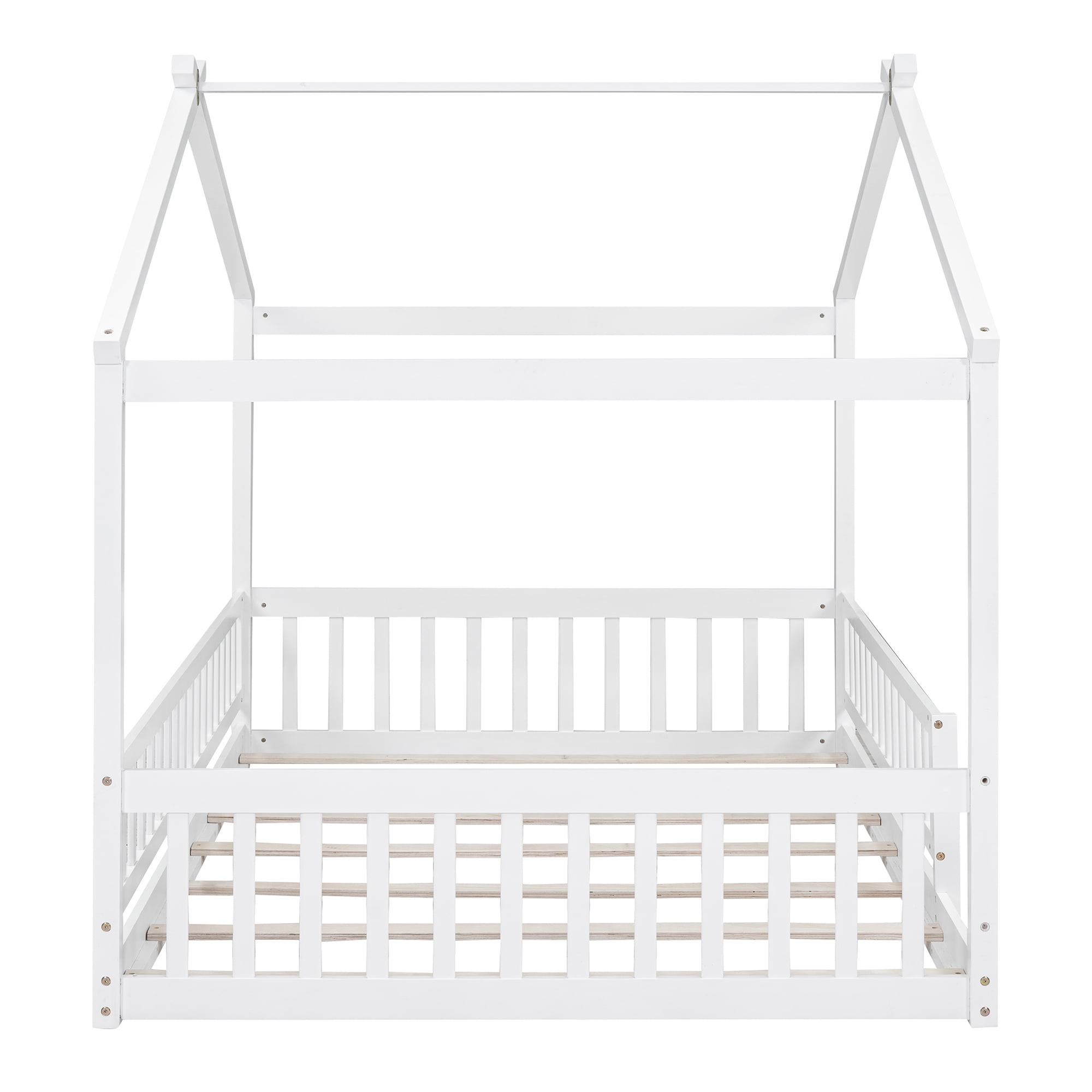 Wooden Full Size House Bed Frame for Kids, Toddler Floor Bed with Roof and Fence, Classic Design Montessori Bed for Toddlers, Teens, Boys or Girls, Box Spring Not Required, White