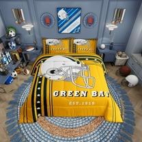 American Football Bedding Twin, Football Game Bedding Comforters & Sets Youth American Football City Style Comforter Set, Yellow Black and White Helmet Quilt (Green Bay)