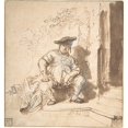 thumbnail image 2 of Rembrandt van Rijn 12x13 Black Ornate Wood Framed Double Matted Museum Art Print Titled: Seated Man Wearing a Flat Cap (1635-40), 2 of 5