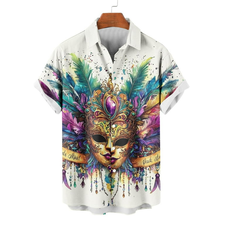 mardi gras dress shirt Keshdi Mardi Gras 4x Dress Shirts for Men Button Up Short Sleeve Men Casual Fashion Turndown Collar Printing Short Sleeve Button Shirt Blouse White M,