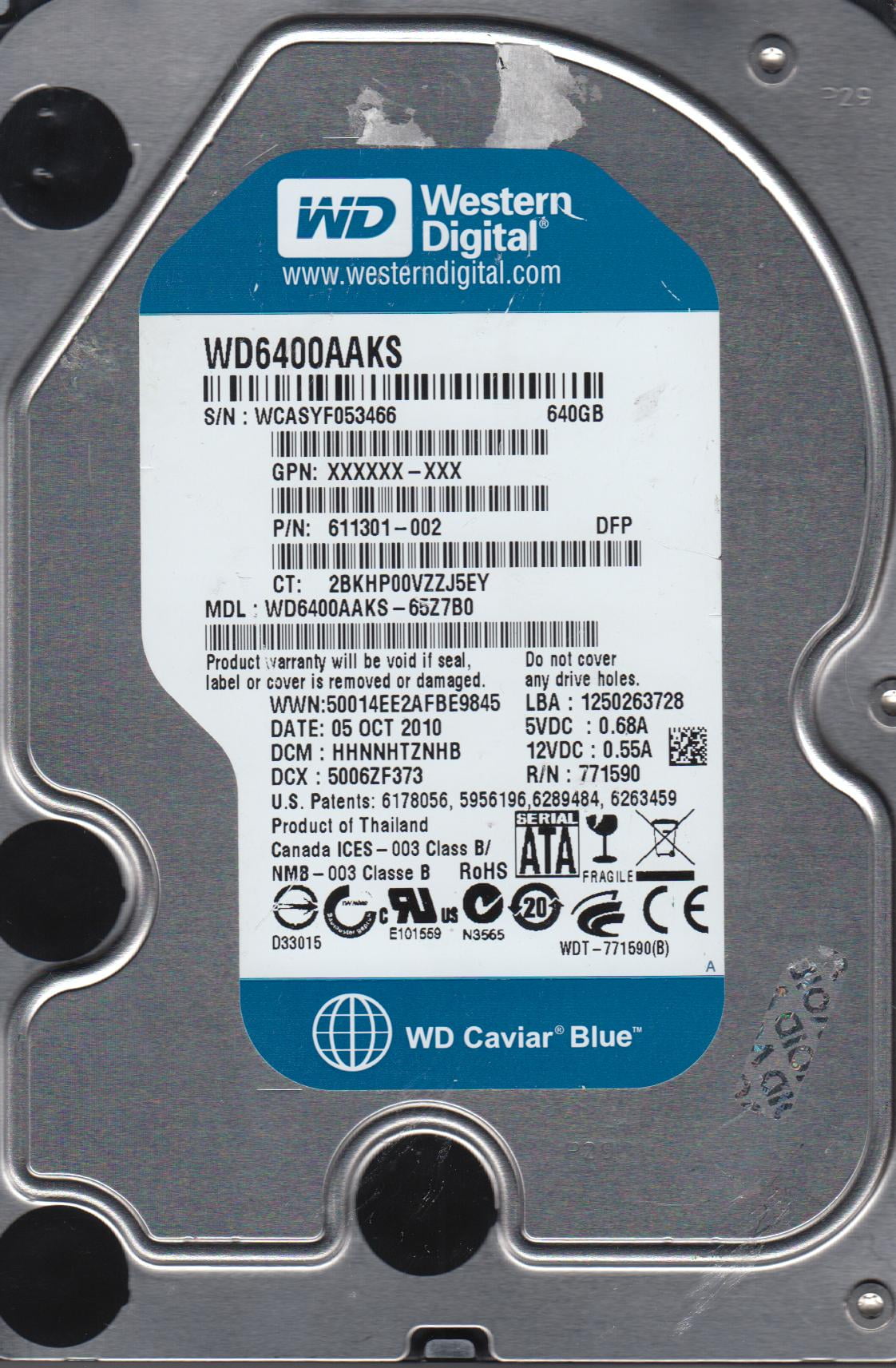 Wd6400aaks 65z7b0 dcm hhnnhtznhb western digital 640gb sata 3 5 hard 