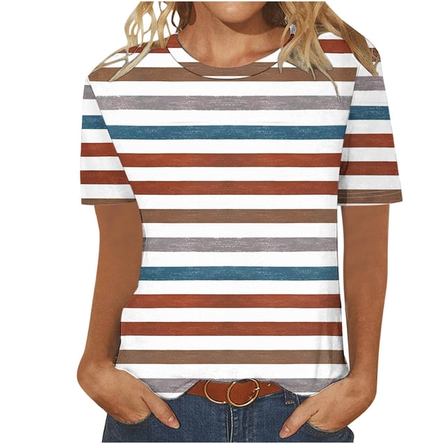 Liquidation d'Été! T-Shirt Rayé Femme WRKEKC, T-Shirt Décontracté Mode Imprimé Femme Col Rond Manches Courtes