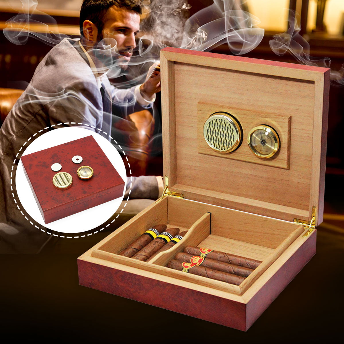 Desktop Cedar Wood Lined Cigar Humidor Storage Case Box Humidifier Hygrometer 