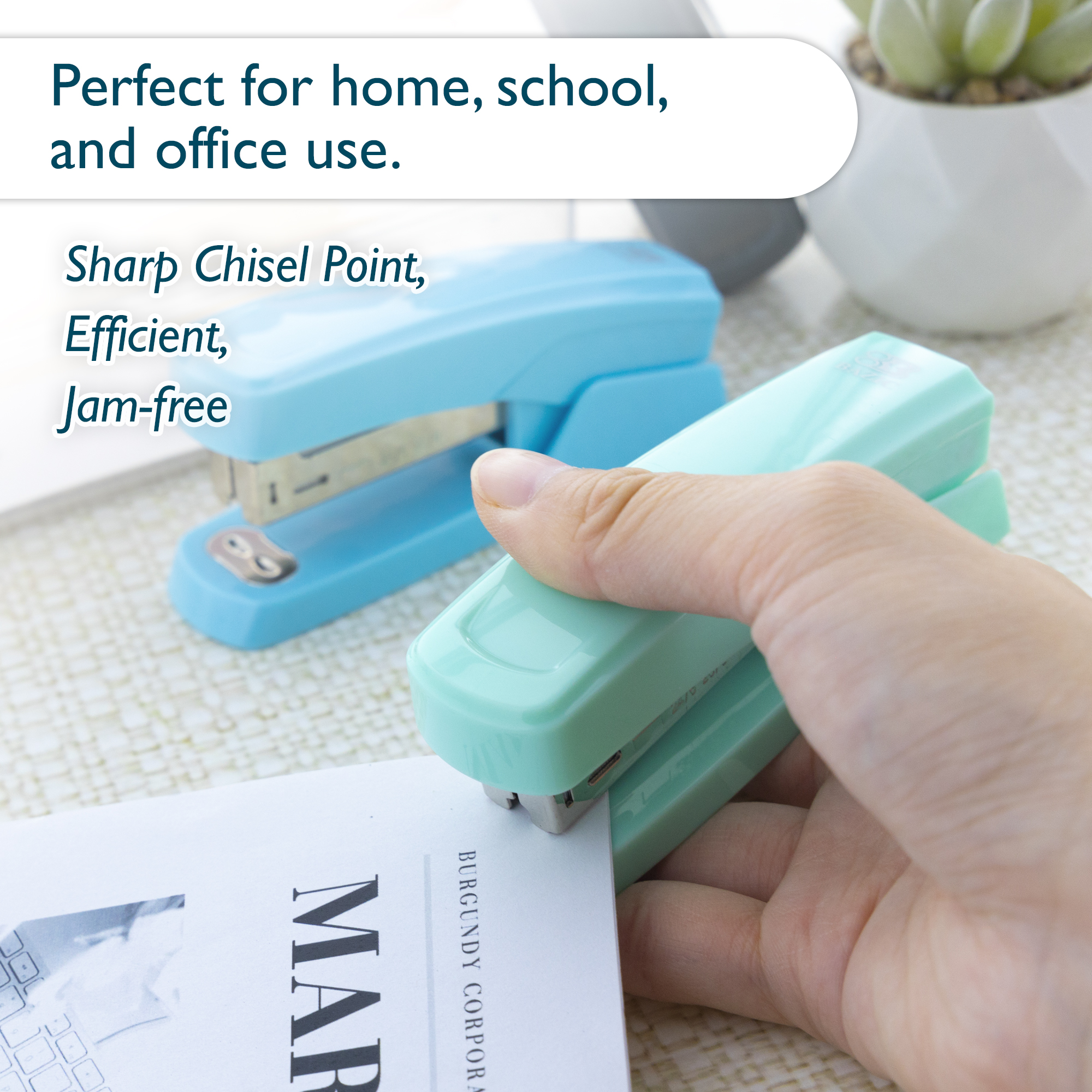 BAZIC Desktop Stapler with 50 Staples (26/6), Assorted Pastel Color Standard Stapler, 15 Sheet Capacity, Ergonomic Jam Free, 6-Pack