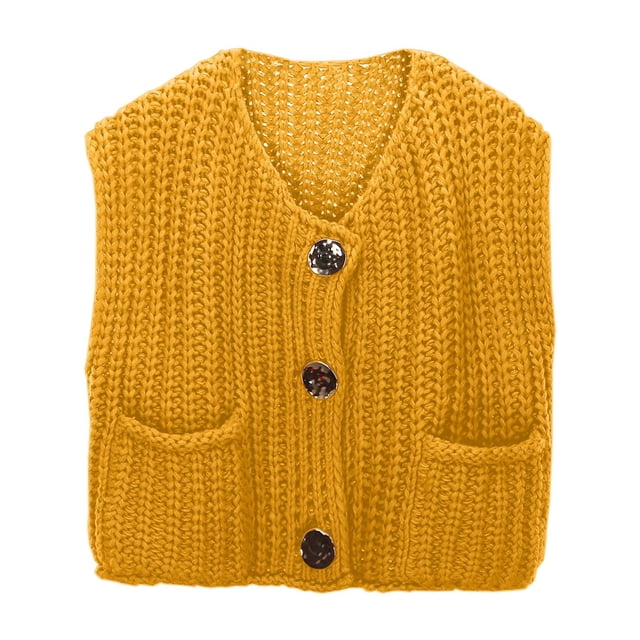 Women's Sleeveless Knit Cardigan Vest Solid Color Short Length Front Button Pocket Style