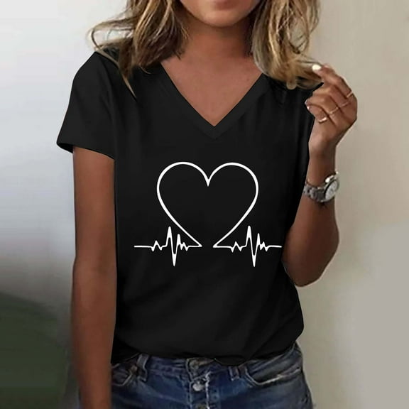 Women's Fashionable Casual V Neck Love Printed Top Short Sleeved T Shirt