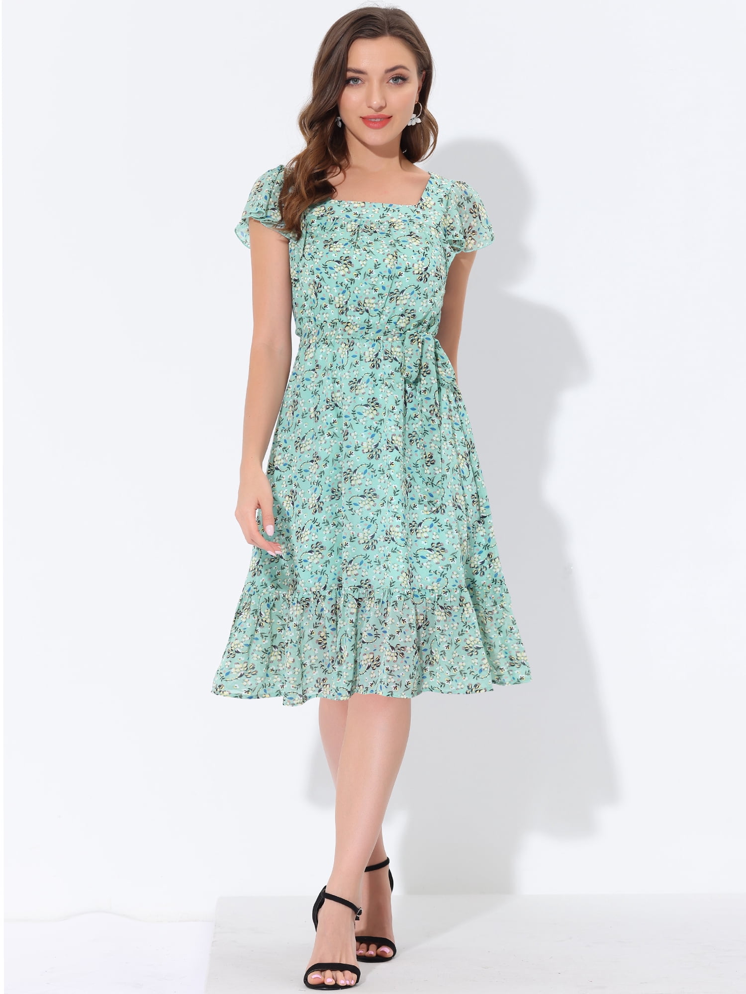 DARING DIVA Square Neck Flutter Sleeve A-Line Midi Dress M Green