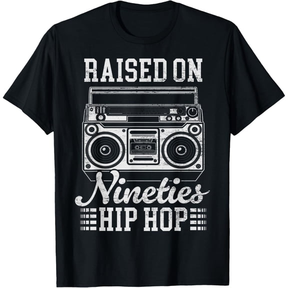 Raised On 90's Hip Hop Funny Vintage Boombox Cassette Tape T-Shirt men and women can wear, black, white, gifts