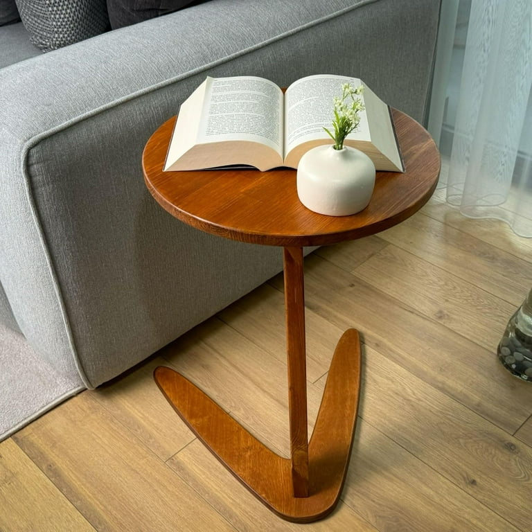 C-Shaped Handmade Solid Wood End Table, Side Table for Couches