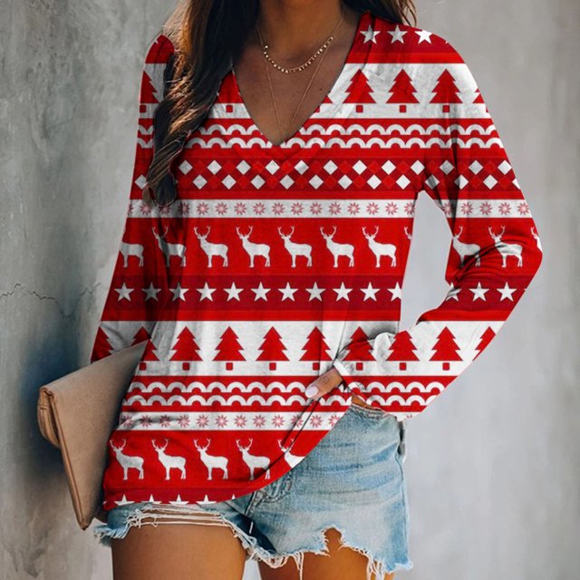 Pntutb Mujer Casual Navidad Impreso Pullover Cuello en V Blusa de manga larga tops Pntutb Pntutb-751