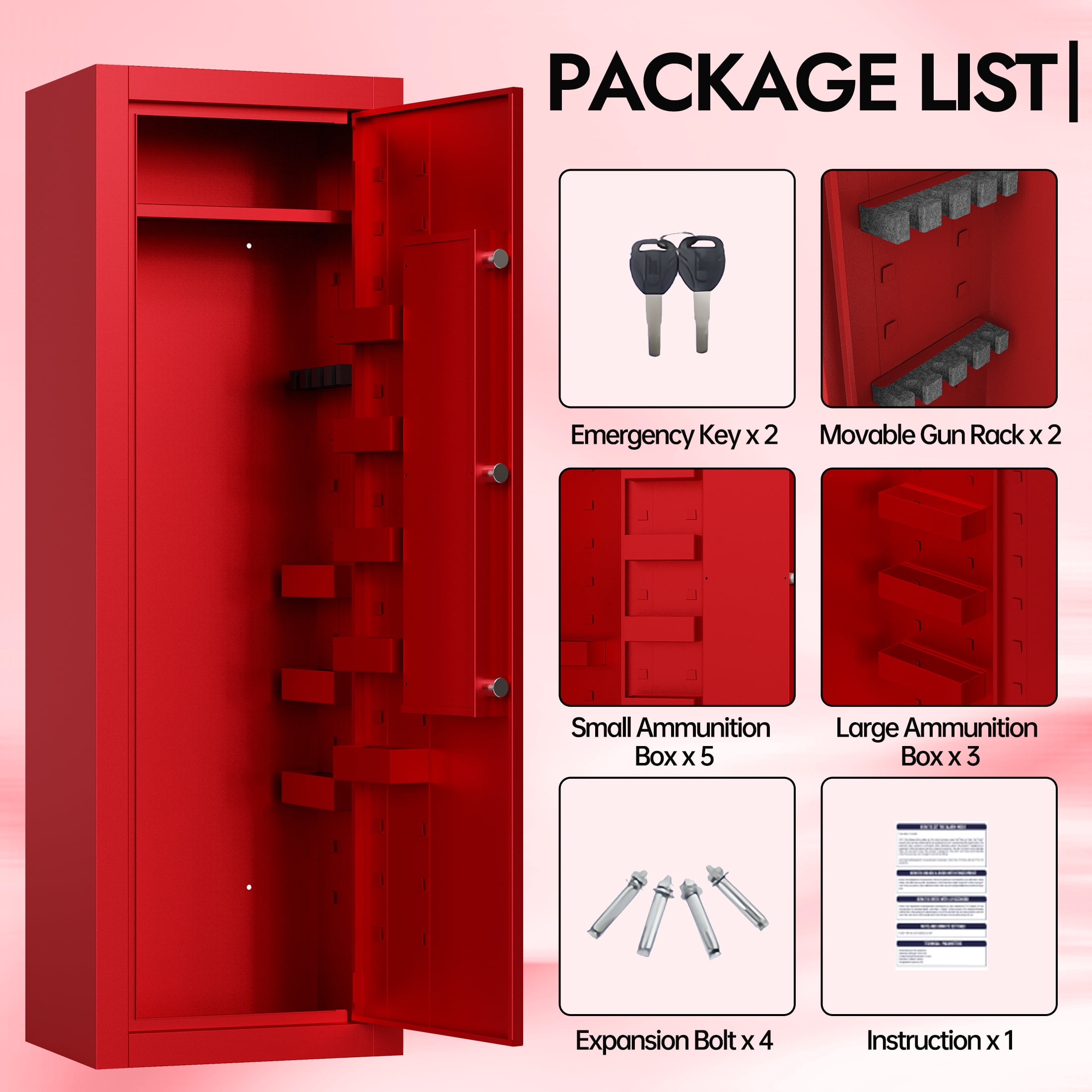 KAER 13-15 Biometric Gun Safe, Quick Access Assembled Gun Safe for Rifle and Pistol, Large Heavy-Duty Gun Cabinet for Shotgun with Removable Shelf & Gun Rack, Red