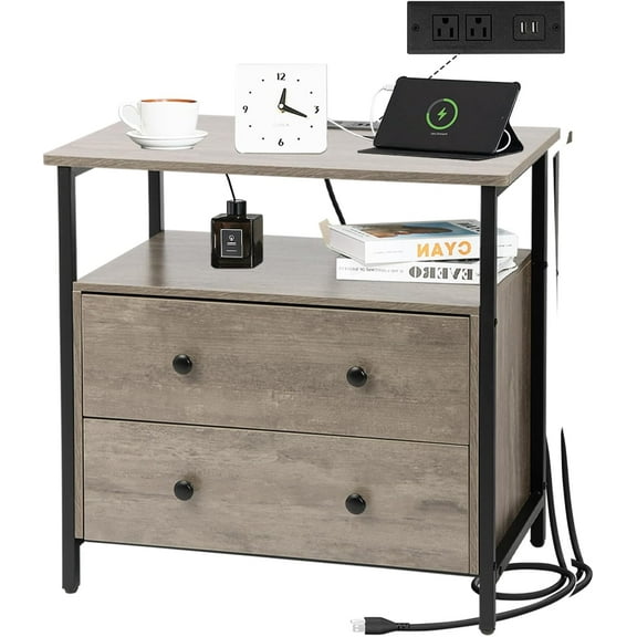 27 inch Wood Nightstand with Charging Station, Wide Bedside Table with 2 Drawers, Large Night Stand with Open Shelf (Gray)