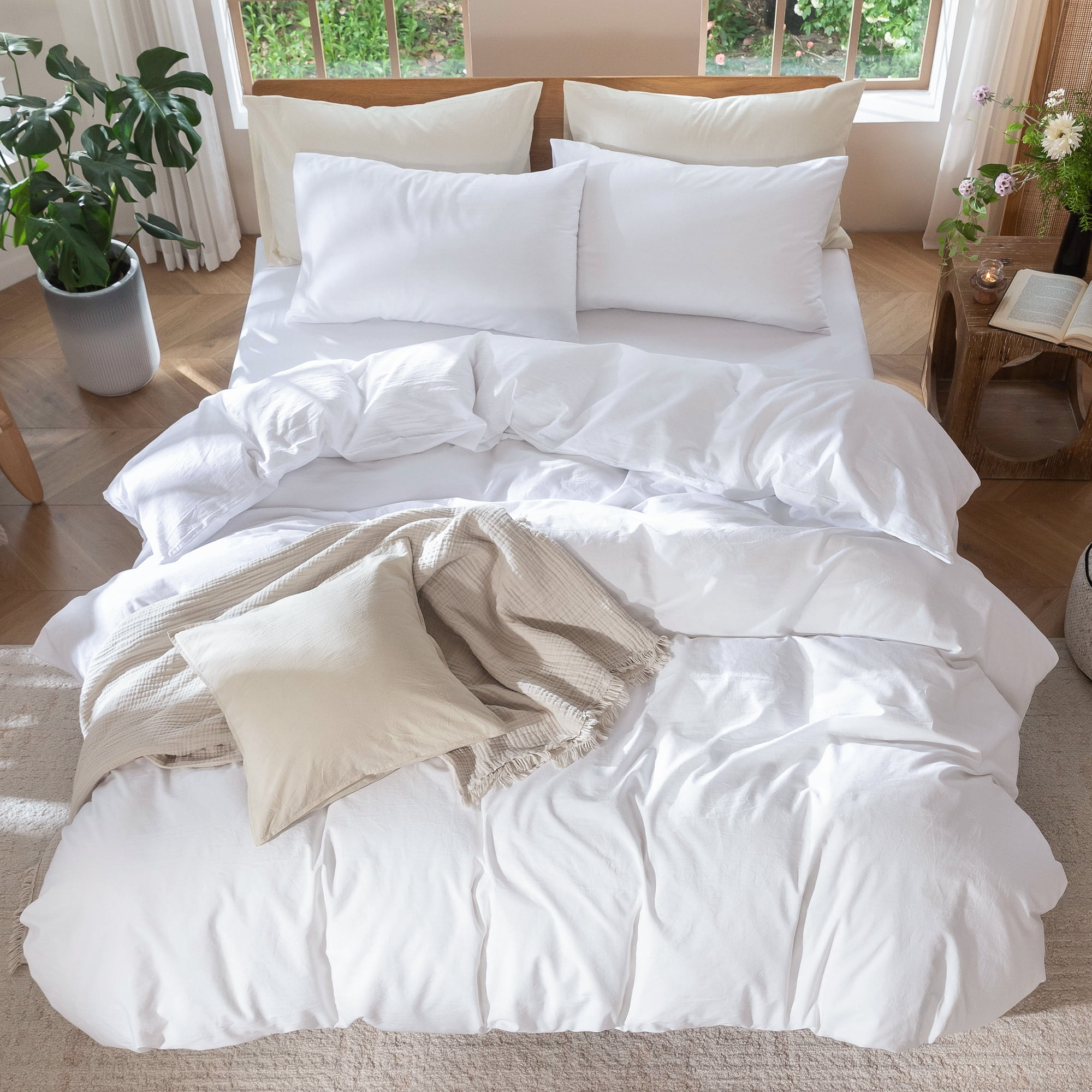MooMee 100% Washed Cotton Duvet Cover Set King Size Linen Like Textured Breathable Lightweight 3-Piece (Bright White, 104"x90")