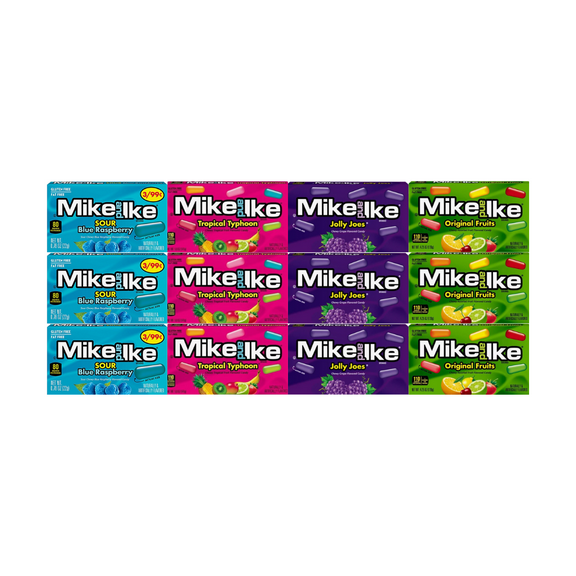 Variety Pack Mike and Ike Candy, Assorted Fruity Chewy Candies, Sour Blue Raspberry, Jolly Joes, Tropical Typhoon, Original Fruits, 3 Each Flavor, 0.78 oz Snack Size Pouches, Bulk 12 Pack
