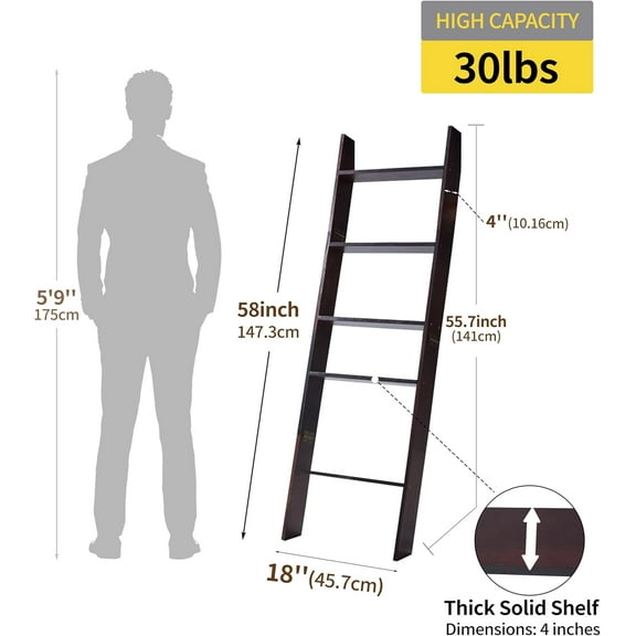 5-Tier Wooden Blanket Ladder with Anti-Slip Design, Lightweight & Easy to Assemble, Brown