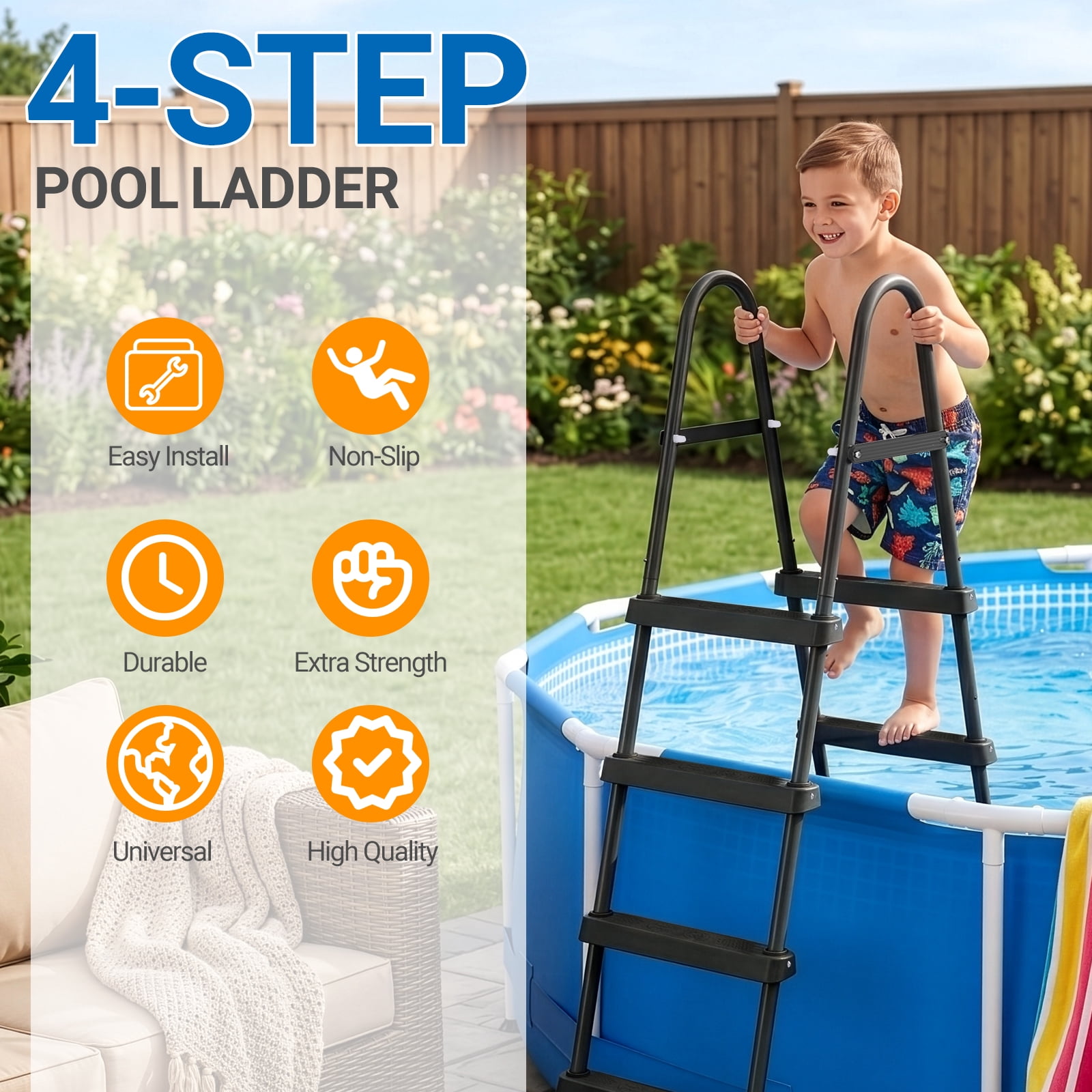 Zimtown 4-Step Pool Ladder, 52 Inch Above Ground Swimming Pool Ladder with Black Metal Frame & Black Steps, Heavy-Duty Entry Ladder