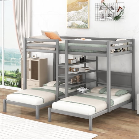 Twin XL over Twin&Twin Bunk Bed with Built-in Four Shelves and Ladder Gray
