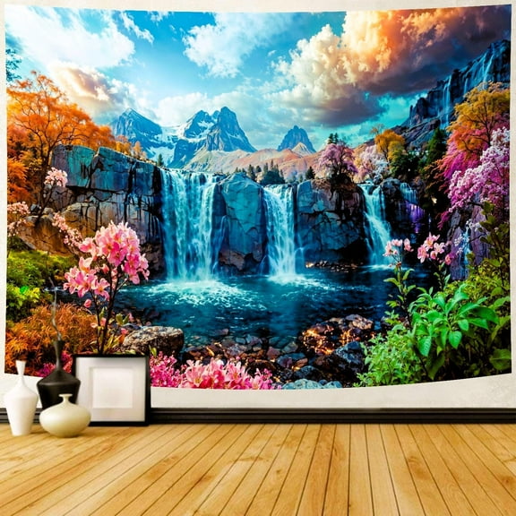 Waterfall Tapestry Forest Mountain Sunset Tree Wall Hanging Nature Scenic Landscape Tapestry for Bedroom Living Room Home Decor (51.2" x 59.1")