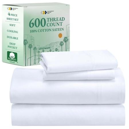 california design den king sheets set - luxury 600 thread count 100% cotton sateen  deep pocket  4 piece bed sheet set - white