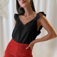 thumbnail image 4 of Mujeres ruffle Cap manga Top Deep V Masajeadores de cuello backless Loose fit color puro casual verano camiseta negro L, 4 of 8