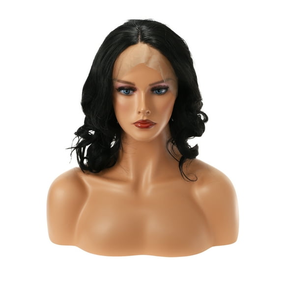 Unique Bargains Lace Front Wigs for Women 14" Black Medium Long Body Wave with Wig Cap