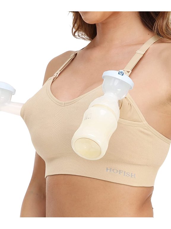 Women's Seamless Hands Free Pumping Bra Maternity Nursing Beige Large
