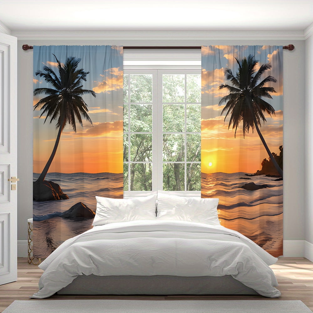 WNOOHIY Tropical Style Beach Sunset Privacy Light-filtering Window Curtains for Bedroom and Living Room, 2 Panels