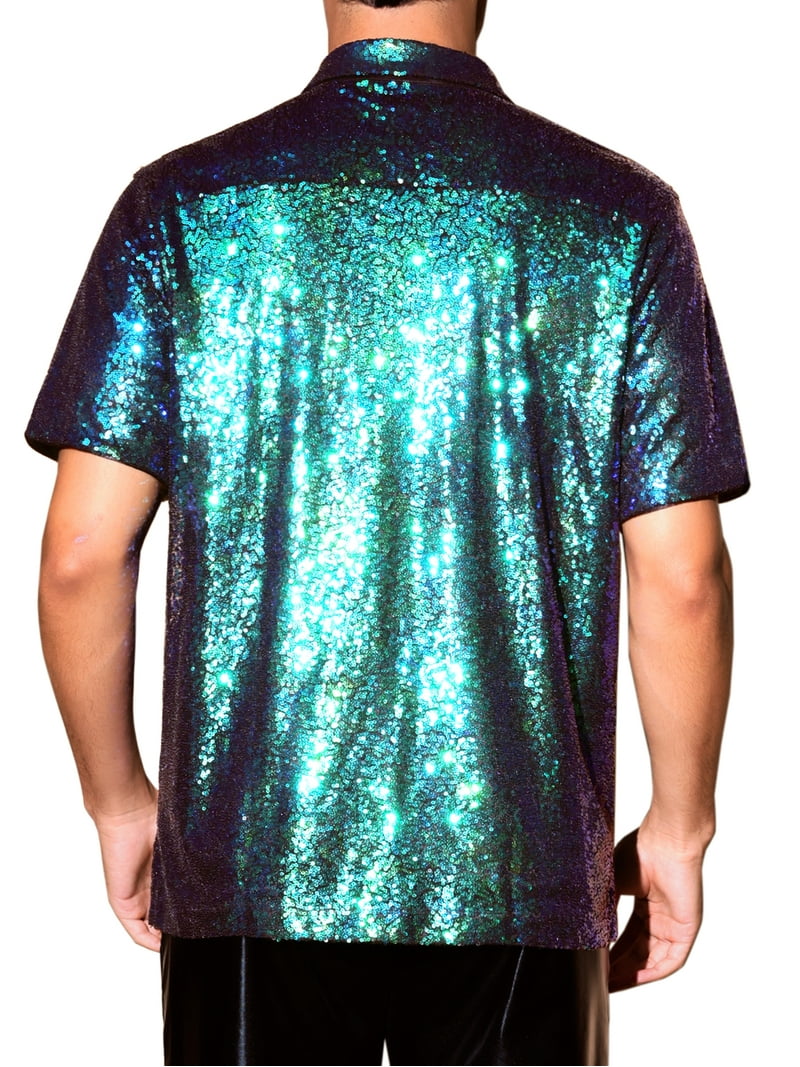 INSPIRE CHIC Sequin Shirts for Men's Glitter 70s Disco Shirt