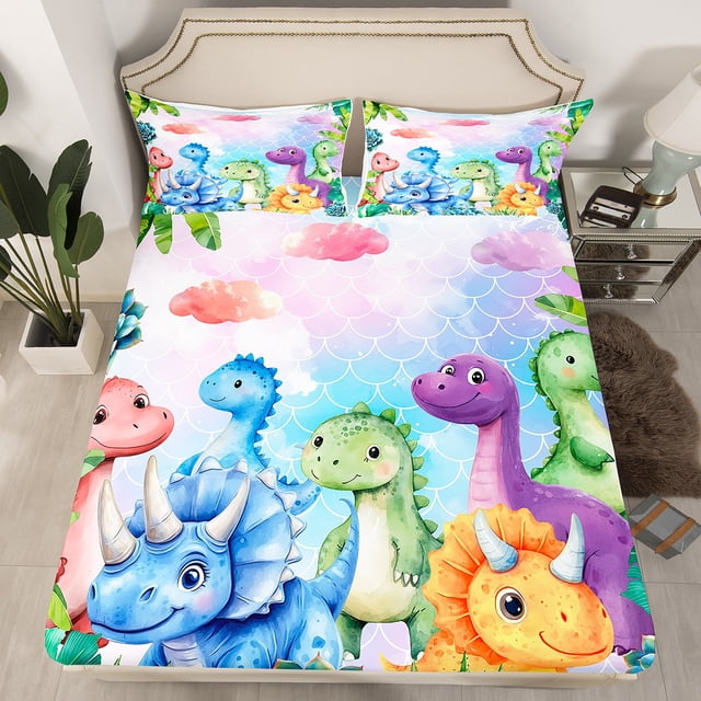 Erosebridal Colorful Dinosaur Fitted Sheet Queen, Mermaid Scale Fitted Sheet Set Queen, Cartoon Animal Bed Set, Microfiber Room Decorative, 3pcs(No Top Sheet)