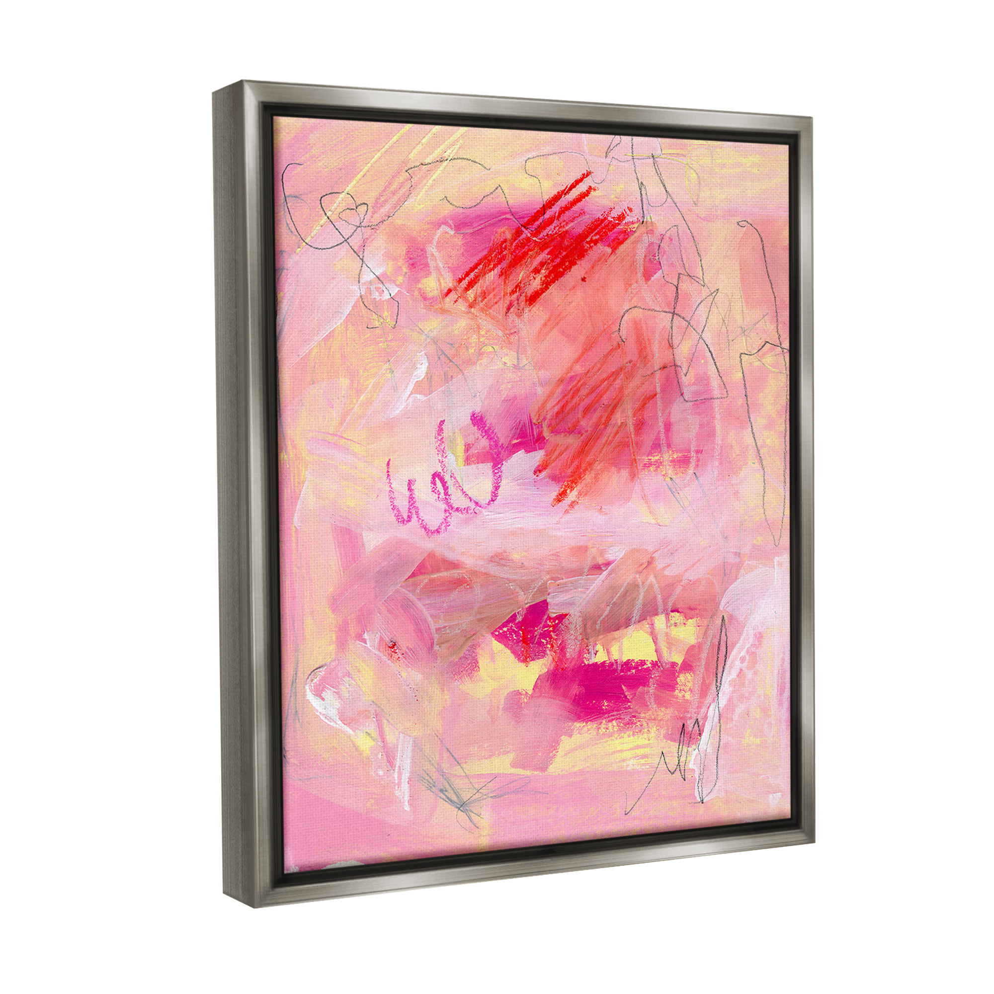 Stupell Industries Pink Chaotic Scribble Abstract Painting Gray Floater Framed Canvas Art Print Wall Art, 17 x 21