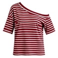 thumbnail image 5 of DeHolifer Women's T-Shirts Casual Off-shoulder Striped Printed Short Sleeve Turtleneck Tops Wine M, 5 of 8