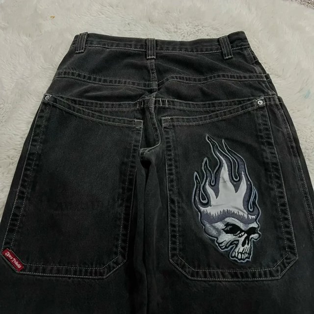 StreetwearJeansY2K Harajuku Hip Hop dibujos animados bordado negro pantalones vaqueros sueltos pantalones anchos para hombres