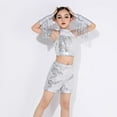 thumbnail image 4 of XIMIN Girls Two Piece Sleeveless Dancewear Metallic Sequin Latin Dance Outfit Set with Tassel Gloves Shiny Halter Crop Top Holographic Short (3-4 Years, Silver), 4 of 8