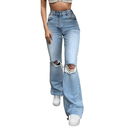 Quealent Knit Denim Leggings for Women Elastic Pocket Waist Jeans Trousers High Loose Women s Jeans Corduroys Women Denim Women Pants Blue L